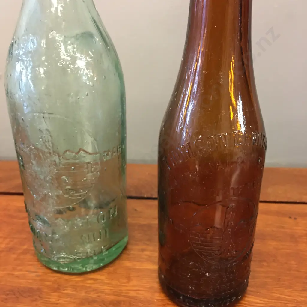 Thomson Lewis & Co Crystal Springs Wellington Wanganui & Petone Glass Bottles Amber Has 1939 On Base, Aqua Has 3169 Image 1++